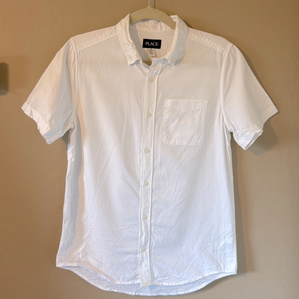 Place Boys White Cotton Short Sleeve Button Down Shirt Size 16 XXL
